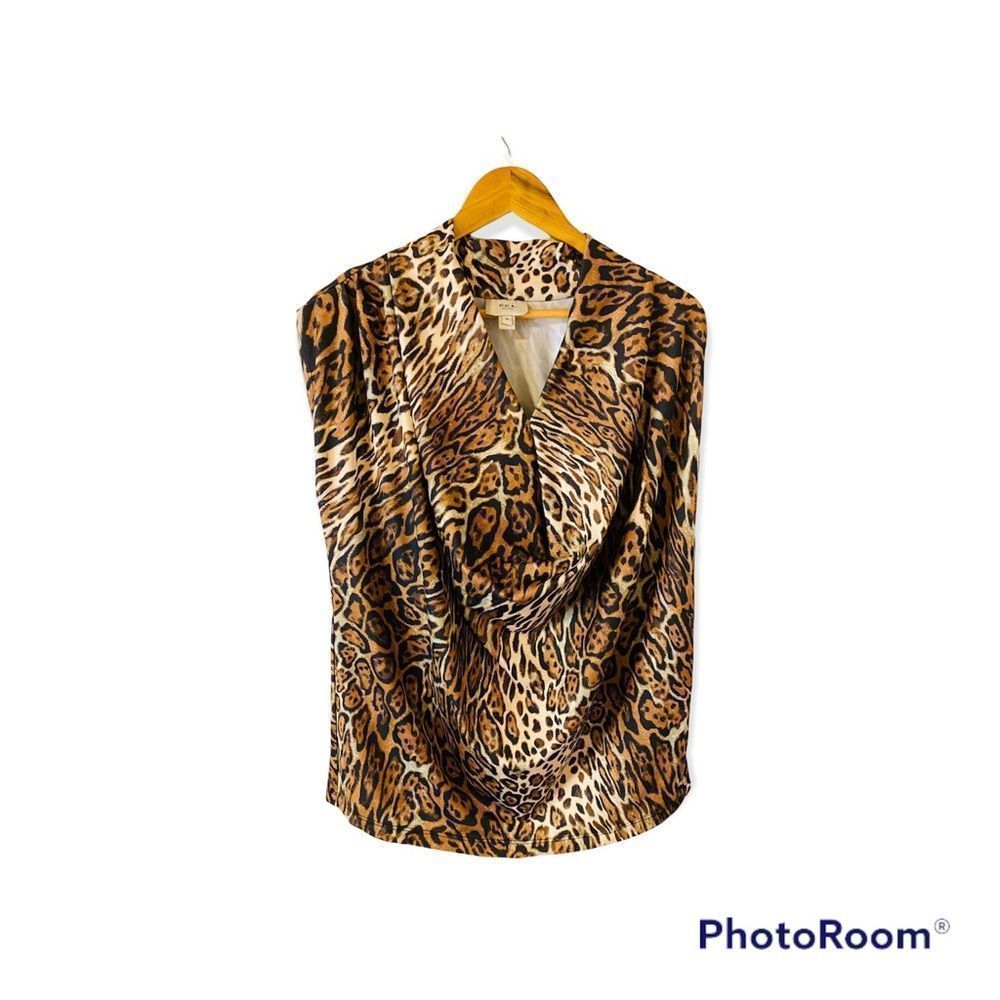 ECI New York leopard print sleeveless cowl neck top.